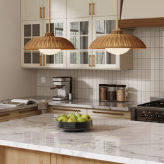 Boho Rattan Pendant Light Fixture with Glass Diffuser (Set of 2)