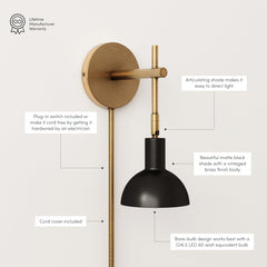 Plug-In Adjustable Metal Wall Light Black Brass