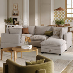Soft Fabric 4-Seat Sectional Cloud Sofa Couch & Storage Ottoman Gray