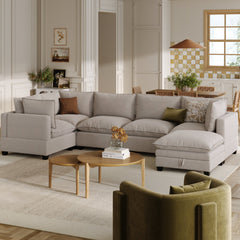 Soft Fabric 5-Seat Sectional Cloud Sofa Couch & Storage Ottoman Gray