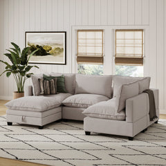 Soft Fabric 4-Seat Cloud Armless Sectional Sofa Couch & Storage Ottoman Gray
