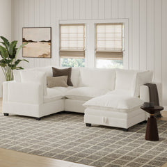 Corduroy 4-Seat Sectional Cloud Sofa Couch & Storage Ottoman Pearl White