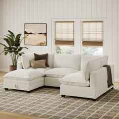 Corduroy 4-Seat Cloud Armless Sectional Sofa Couch & Storage Ottoman Pearl White