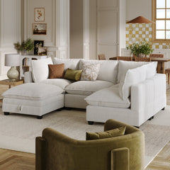 Corduroy 4-Seat Cloud Armless Sectional Sofa Couch & Storage Ottoman Pearl White