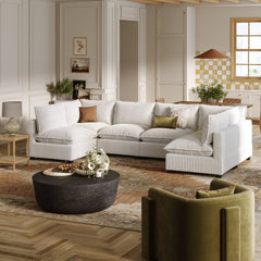 Corduroy 6-Seat Cloud Armless Sectional Sofa Couch Pearl White