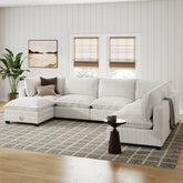Corduroy 6-Seat Cloud Armless Sectional Sofa Couch & Storage Ottoman Pearl White