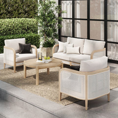 Outdoor 4 Piece Wood Set Rattan with Round Patio Table