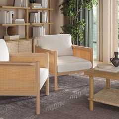 Solid Wood Boucle Accent Chair Rattan Arm Cream/Raw Oak (Set of 2)