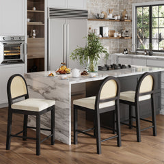 Boucle & Rattan Counter Height Bar Stools Black (Set of 3)