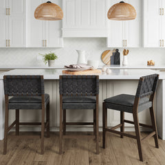 Faux Leather Woven Counter Height Bar Stools Black (Set of 3)