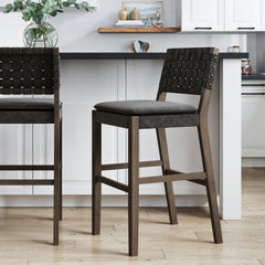 Faux Leather Woven Bar Stool Black