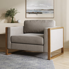 Soft Fabric Wood Frame Upholstered Armchair Beige Linen