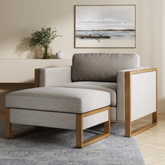 Soft Fabric Wood Frame Armchair & Storage Ottoman Beige