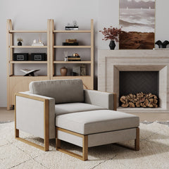 Soft Fabric Wood Frame Armchair & Storage Ottoman Beige