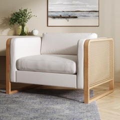 Boho Solid Wood Accent Chair with Rattan Arm Bisque