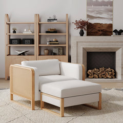 Solid Wood Rattan Accent Chair with Ottoman Set Bisque