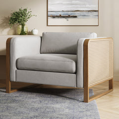 Boho Solid Wood Accent Chair with Rattan Arm Gray