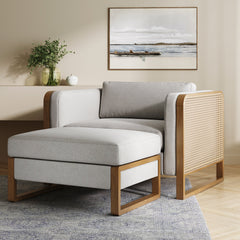 Solid Wood Rattan Accent Chair with Ottoman Set Gray