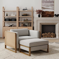 Solid Wood Rattan Accent Chair with Ottoman Set Gray