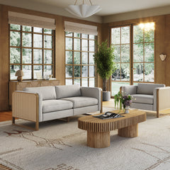 Boho 2-Seater Wood Loveseat with Rattan Arm Gray