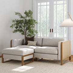 Rattan 2-Seat Loveseat with Ottoman Set Wood Frame Gray