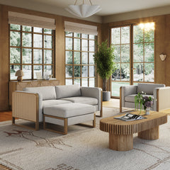 Rattan 2-Seat Loveseat with Ottoman Set Wood Frame Gray