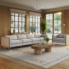 Boho 4-Seater Sofa Solid Wood Legs & Rattan Arm Gray