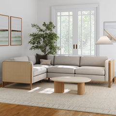 Boho 4-Seat Sectional with Wood Frame & Rattan Arm Gray