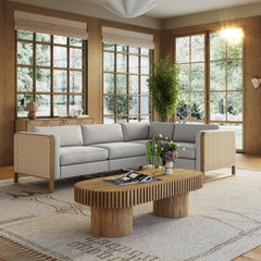 Boho 4-Seat Sectional with Wood Frame & Rattan Arm Gray