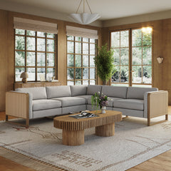 Boho 5-Seat Sectional with Wood Frame & Rattan Arm Gray