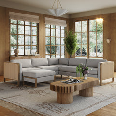 Rattan 5-Seat Sectional with Ottoman Set Wood Frame Gray