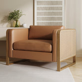 Boho Solid Wood Accent Chair with Rattan Arm Camel