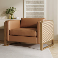 Boho Solid Wood Accent Chair with Rattan Arm Camel