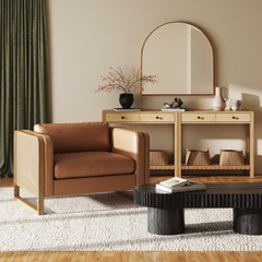 Boho Solid Wood Accent Chair with Rattan Arm Camel