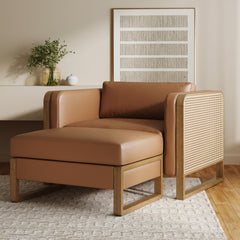 Solid Wood Rattan Accent Chair with Ottoman Set Camel