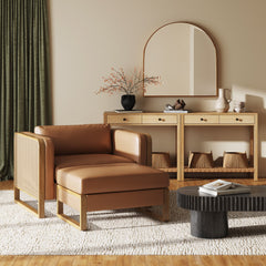 Solid Wood Rattan Accent Chair with Ottoman Set Camel