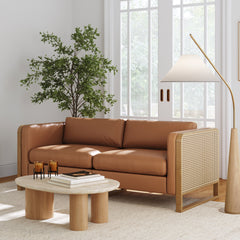 Boho 2-Seater Wood Loveseat with Rattan Arm Camel