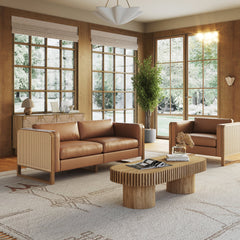 Boho 2-Seater Wood Loveseat with Rattan Arm Camel