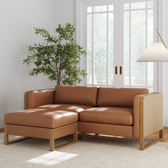 Rattan 2-Seater Loveseat with Ottoman Set Wood Frame Camel