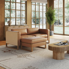 Rattan 2-Seater Loveseat with Ottoman Set Wood Frame Camel