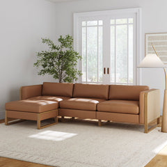 Rattan 3-Seater Sofa with Ottoman Set Wood Frame Camel