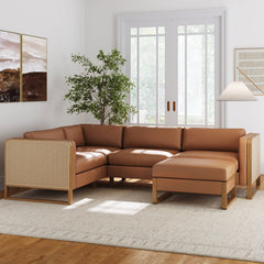 Rattan 4-Seat Sectional with Ottoman Set Wood Frame Camel