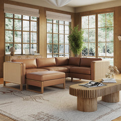 Rattan 4-Seat Sectional with Ottoman Set Wood Frame Camel