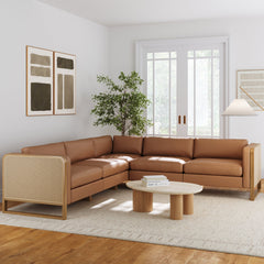 Boho 5-Seat Sectional with Wood Frame & Rattan Arm Camel