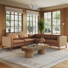 Boho 5-Seat Sectional with Wood Frame & Rattan Arm Camel