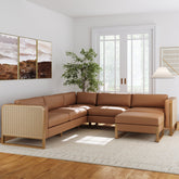 Rattan 5-Seat Sectional with Ottoman Set Wood Frame Camel