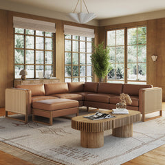 Rattan 5-Seat Sectional with Ottoman Set Wood Frame Camel