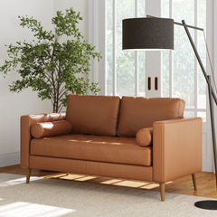 Mid-Century Tufted Leather Loveseat Sofa with Bench Seat Camel