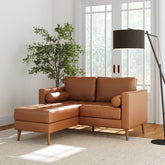 Mid-Century Tufted Leather Loveseat Sofa with Chaise Camel