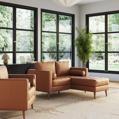 Mid-Century Tufted Leather Loveseat Sofa with Chaise Camel